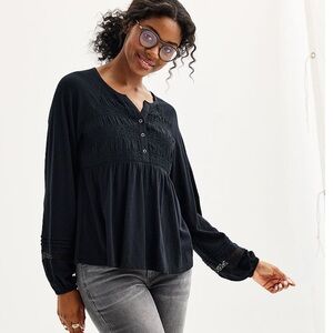NEW Juniors' Rewind Smocked Long Sleeve Boho Black Top Size Small NWT